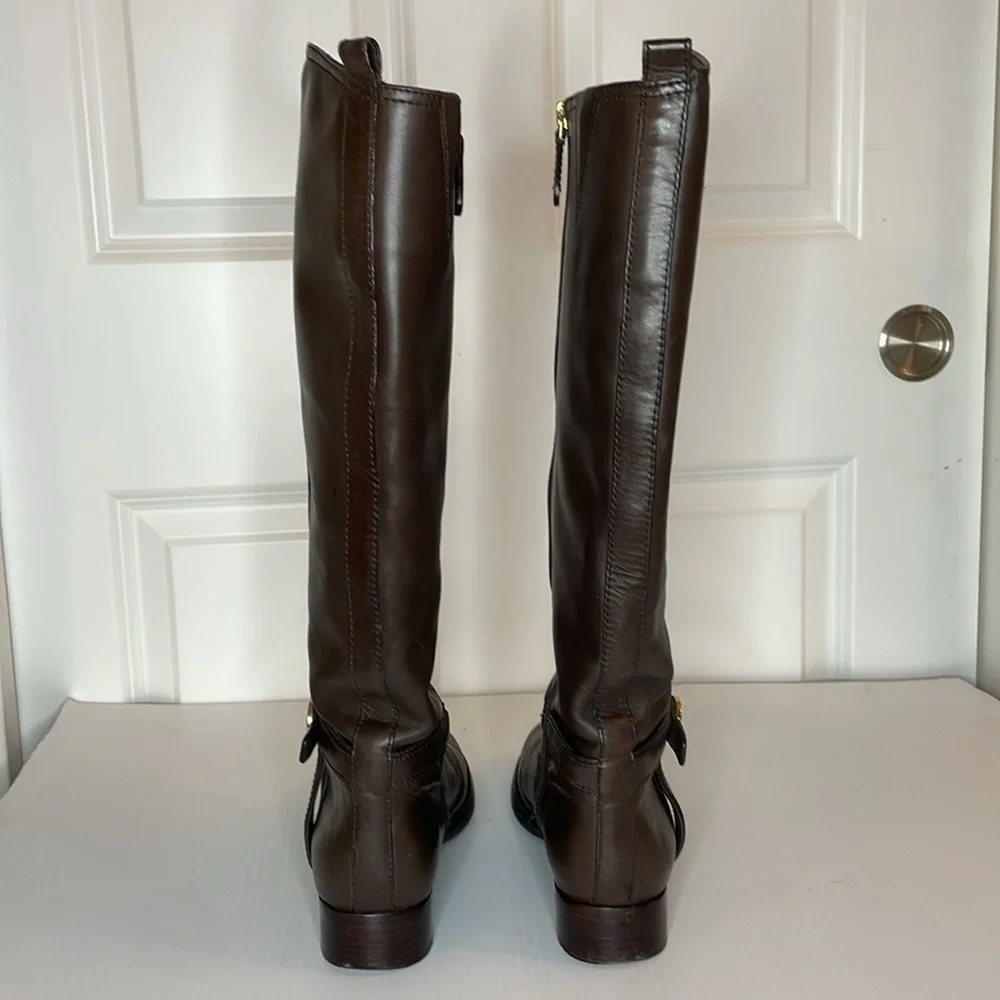 Tory Burch Riding Bristol Boots Women’s Sz 8 Brown Coconut Gold Leather Side Zip